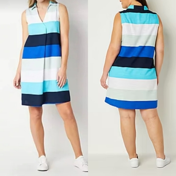 Liz Clairborne Multi Color V-Neck Sleeveless Striped A-Line Midi Dress 16W NEW - Picture 1 of 10